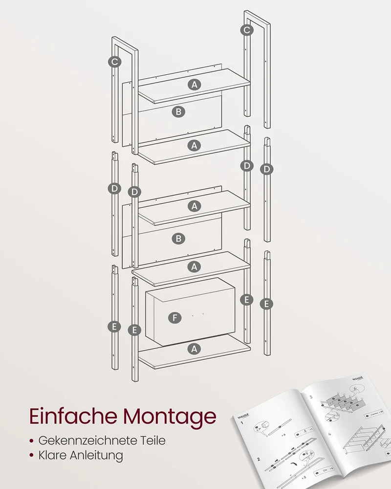 Bücherregal mit Schublade – Industrielles Leiterregal – Lagerschrank mit 5 Ebenen – 165 cm hoch