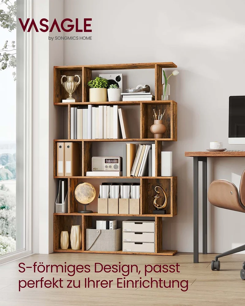 Bücherregal – S-förmiges Design – 5 Ebenen – 90 cm breit – 30 kg Tragkraft pro Ebene