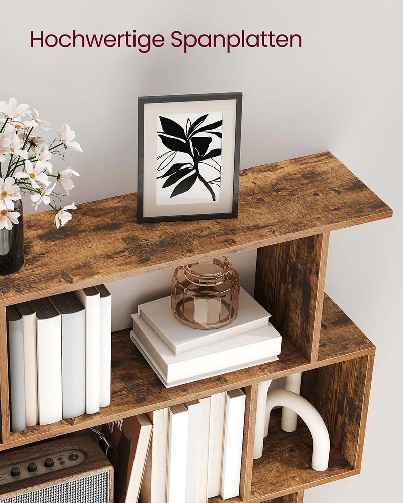Bücherregal – S-förmiges Design – 5 Ebenen – 90 cm breit – 30 kg Tragkraft pro Ebene