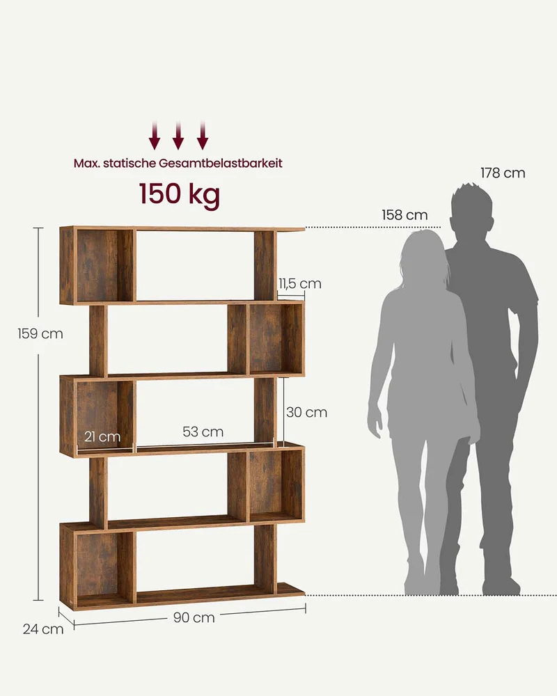 Bücherregal – S-förmiges Design – 5 Ebenen – 90 cm breit – 30 kg Tragkraft pro Ebene