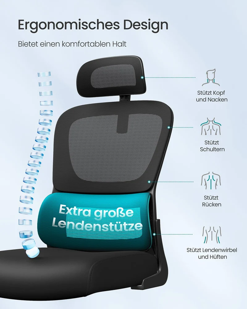 Ergonomischer Bürostuhl – Verstellbare Lordosenstütze – Netzrückenlehne – Neigbare Rückenlehne und Kopfstütze