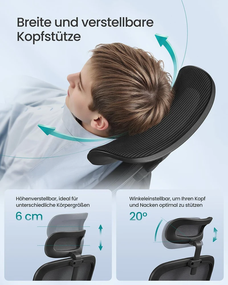 Ergonomischer Bürostuhl – Verstellbare Lordosenstütze – Netzrückenlehne – Neigbare Rückenlehne und Kopfstütze