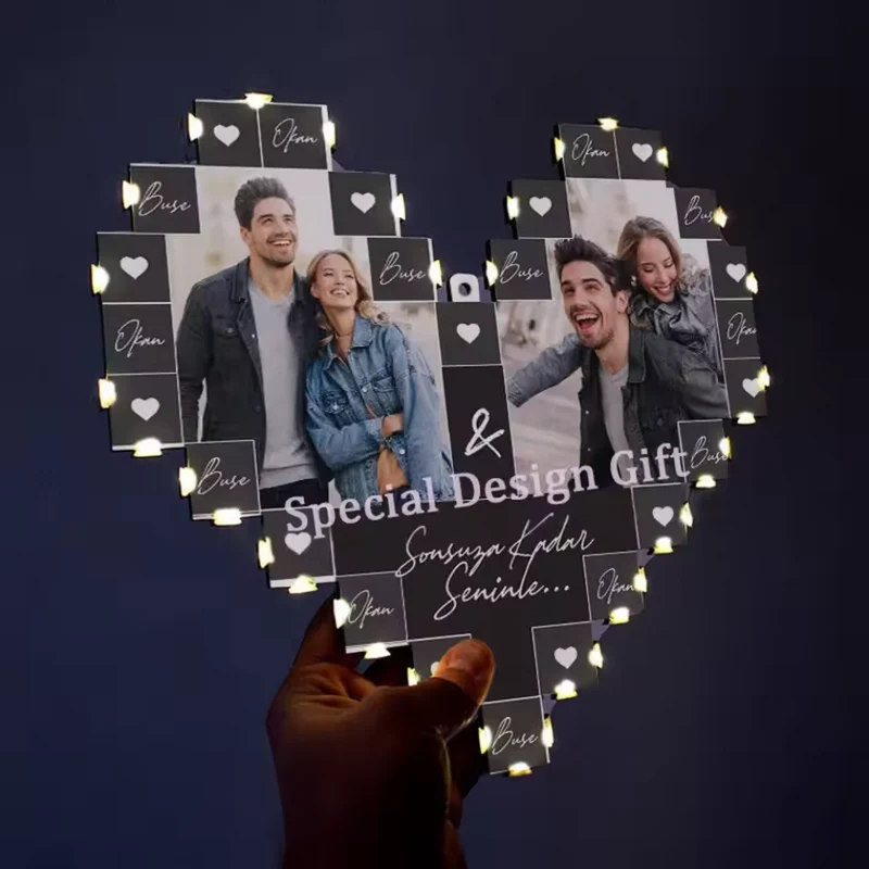 wooden photo board heart™ | Personalisierte Holzfoto-Collage mit LED