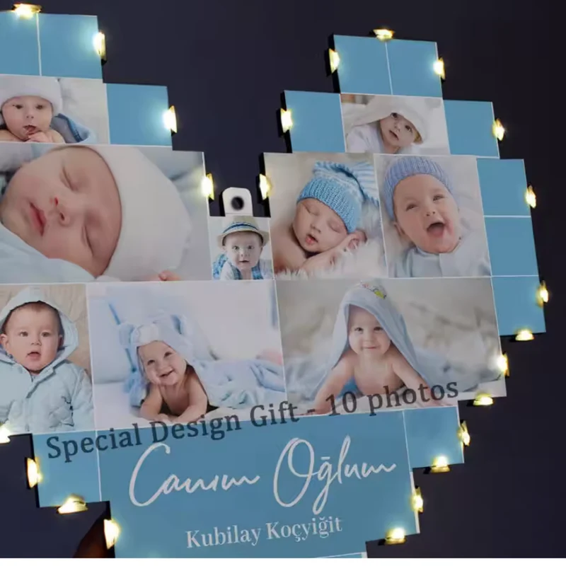 wooden photo board heart™ | Personalisierte Holzfoto-Collage mit LED