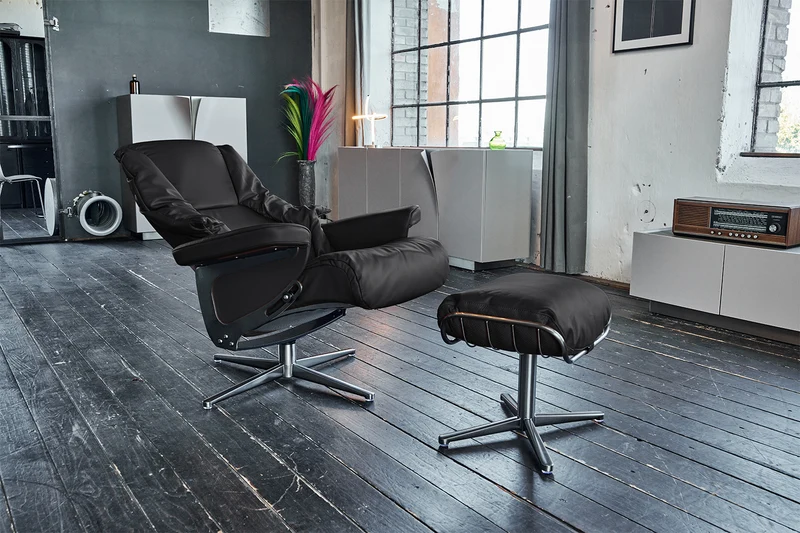 KAWOLA Sessel MODO Relaxsessel drehbar Leder schwarz mit Hocker