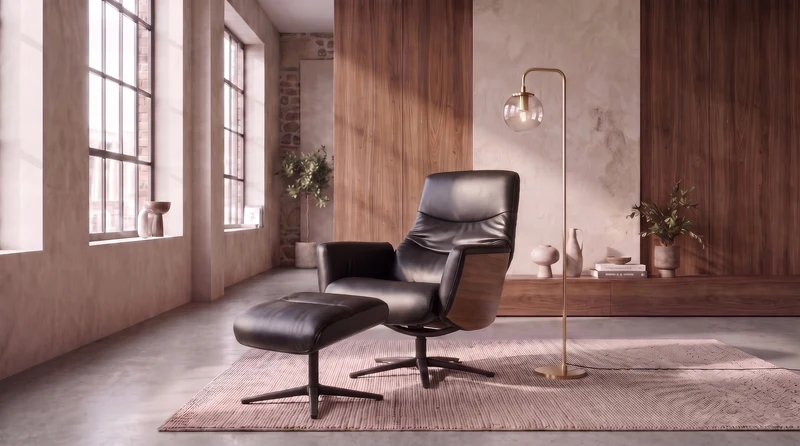 KAWOLA Relaxsessel VANITAS Drehsessel Leder schwarz mit Hocker