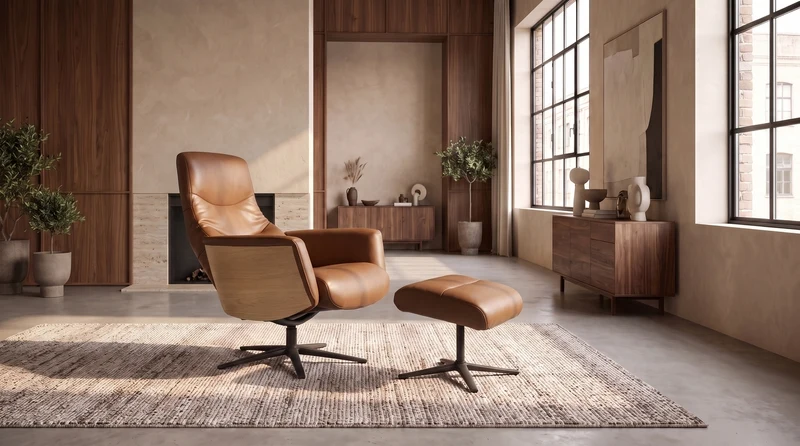 KAWOLA Relaxsessel VANITAS Drehsessel Leder braun mit Hocker