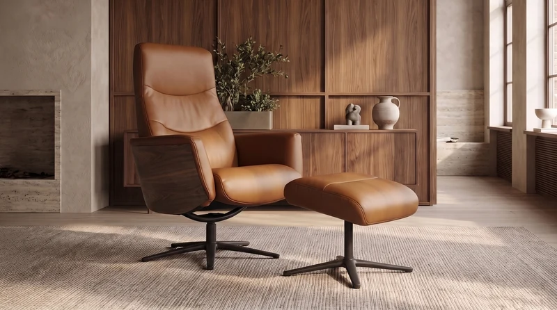 KAWOLA Relaxsessel VANITAS Drehsessel Leder braun mit Hocker