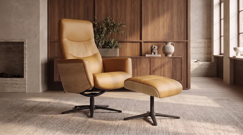 KAWOLA Relaxsessel VANITAS Drehsessel Leder cognac mit Hocker
