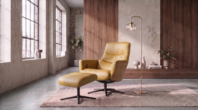 KAWOLA Relaxsessel VANITAS Drehsessel Leder cognac mit Hocker