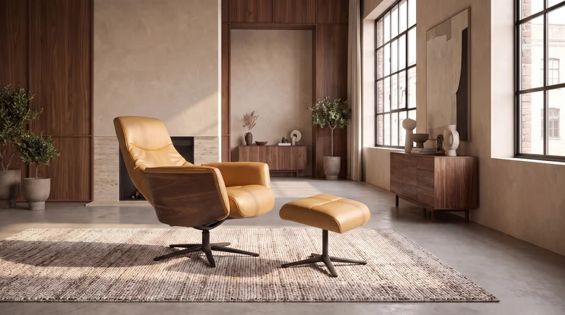 KAWOLA Relaxsessel VANITAS Drehsessel Leder cognac mit Hocker