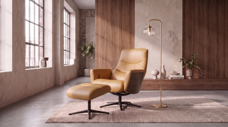 KAWOLA Relaxsessel VANITAS Drehsessel Leder cognac mit Hocker