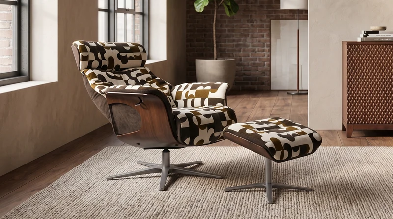 KAWOLA Sessel TOSAR Relaxsessel drehbar Stoff Retro-Design braun mit Hocker