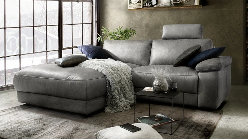 KAWOLA Sofa LOLA Ecksofa Stoff grau mit motorischer Relaxfunktion