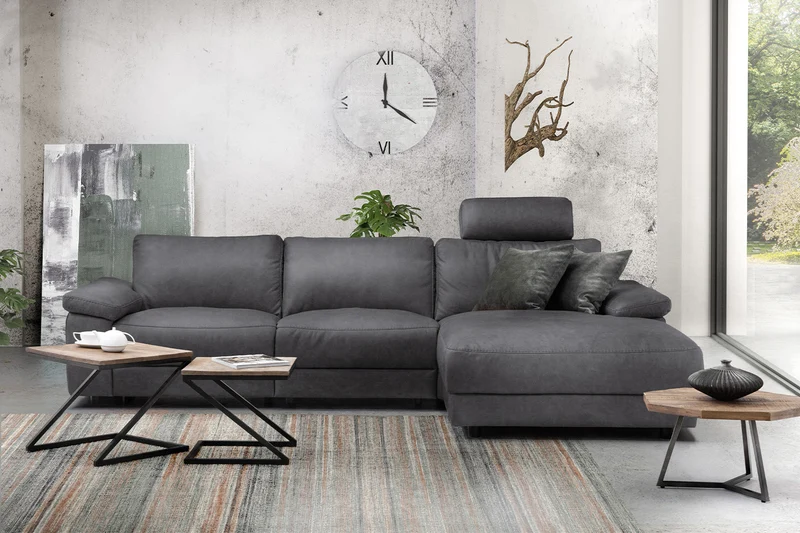 KAWOLA Sofa LOLA Ecksofa Stoff grau mit motorischer Relaxfunktion