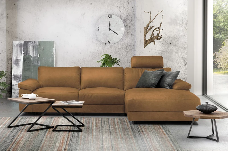 KAWOLA Sofa LOLA Ecksofa Stoff cognac mit motorischer Relaxfunktion