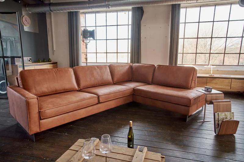 KAWOLA Ecksofa VILNIUS 3-Sitzer mit Recamiere Lederfaserstoff cognac