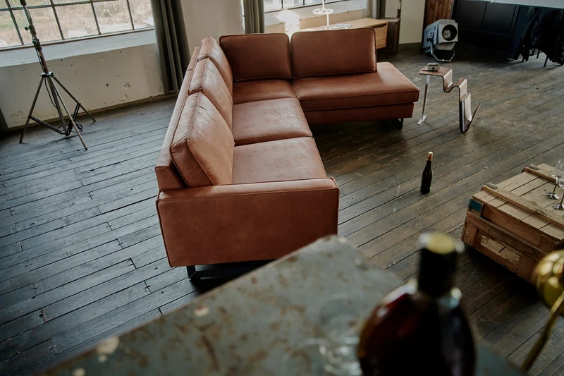 KAWOLA Ecksofa VILNIUS 3-Sitzer mit Recamiere Lederfaserstoff cognac
