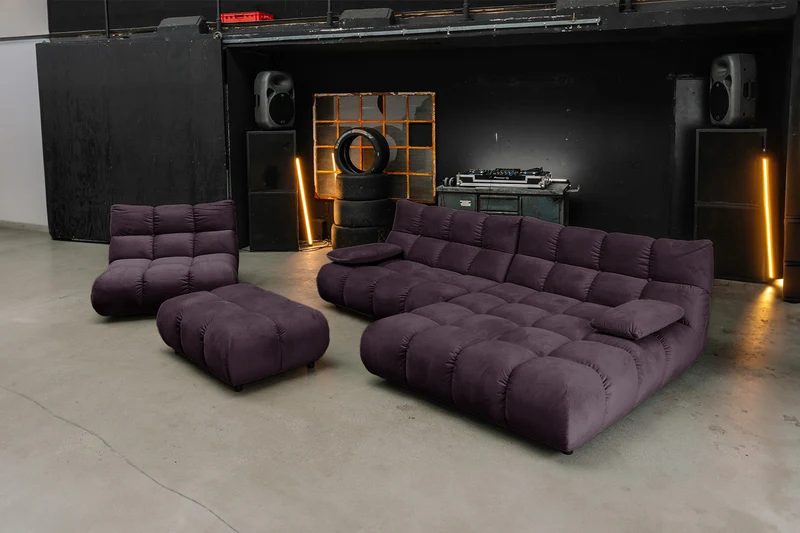 KAWOLA Sitzgruppe VIVIEN Ecksofa Drehsessel Hockerbank Velvet purple