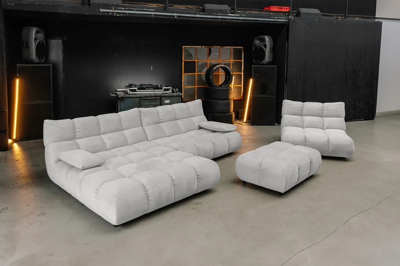 KAWOLA Sitzgruppe VIVIEN Ecksofa Drehsessel Hockerbank Velvet silber