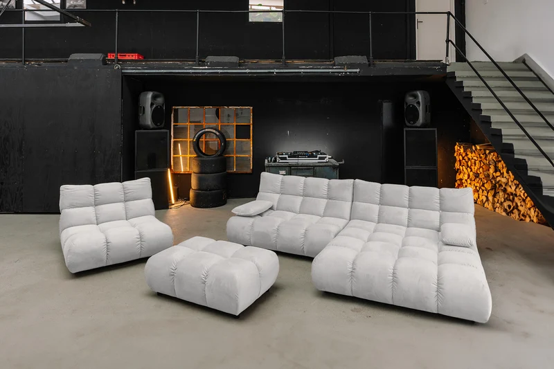 KAWOLA Sitzgruppe VIVIEN Ecksofa Drehsessel Hockerbank Velvet silber