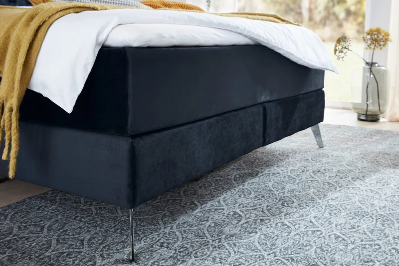 KAWOLA Bett SINDAR Boxspringbett Stoff dunkelblau Fuß silber ohne Topper 160x200cm
