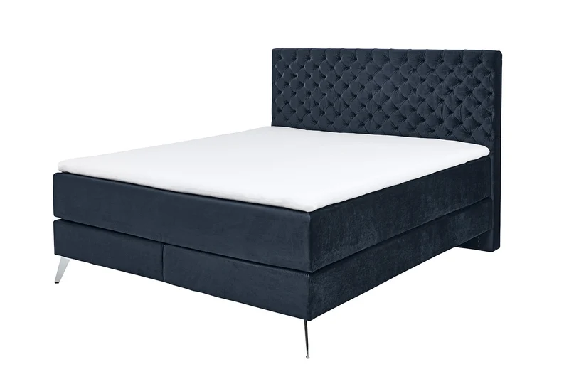 KAWOLA Bett SINDAR Boxspringbett Stoff dunkelblau Fuß silber ohne Topper 160x200cm