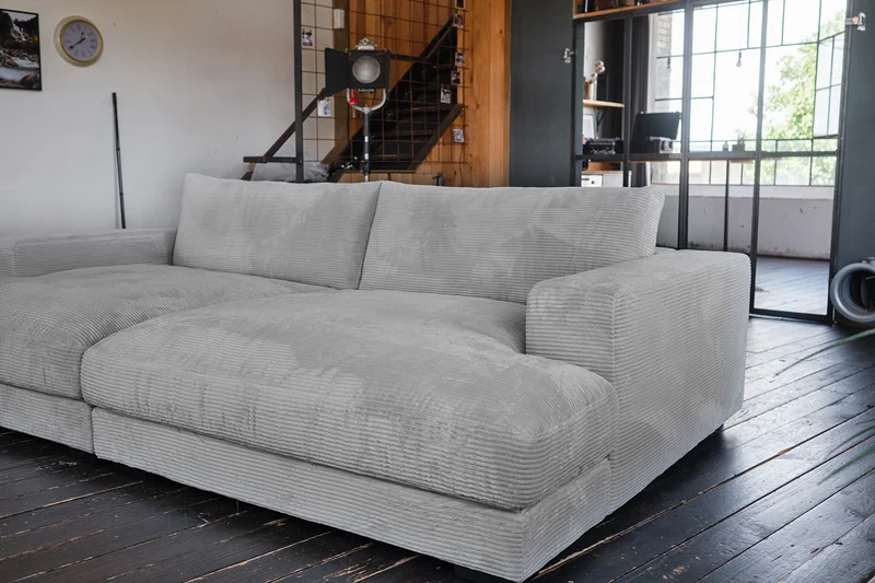 KAWOLA Big Sofa MADELINE Cord grau mit Hocker und 4 Zierkissen