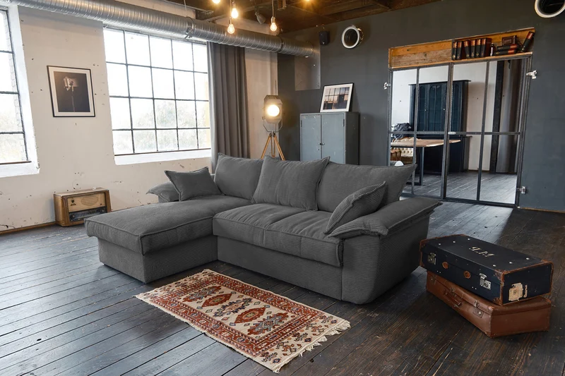 KAWOLA Sofa DAMETO Ecksofa Bettsofa Schlafsofa mit Stauraum Cord grau