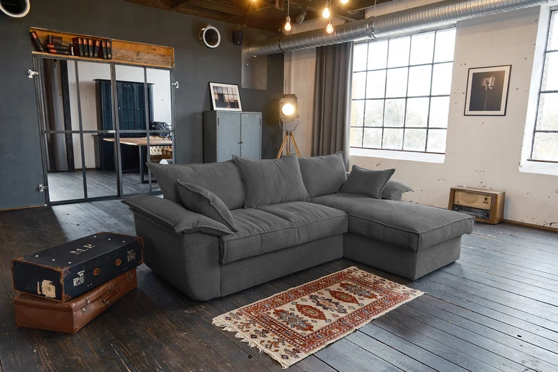 KAWOLA Sofa DAMETO Ecksofa Bettsofa Schlafsofa mit Stauraum Cord grau
