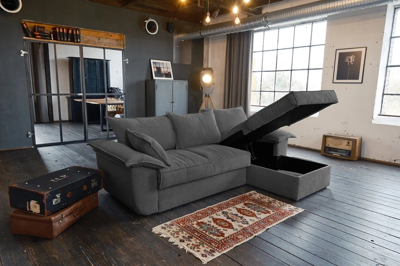KAWOLA Sofa DAMETO Ecksofa Bettsofa Schlafsofa mit Stauraum Cord grau