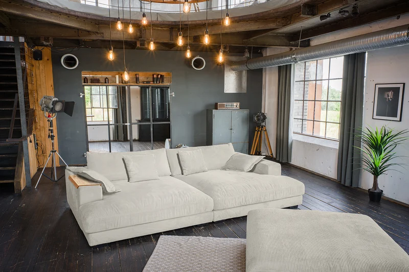 KAWOLA Big Sofa MADELINE Cord cremeweiß mit Hocker und 4 Zierkissen
