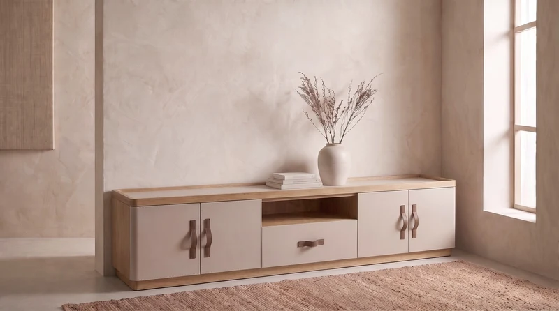 KAWOLA Lowboard FLORIANA TV-Board 4 Türen 1 Schubladen Eiche natur / weiß
