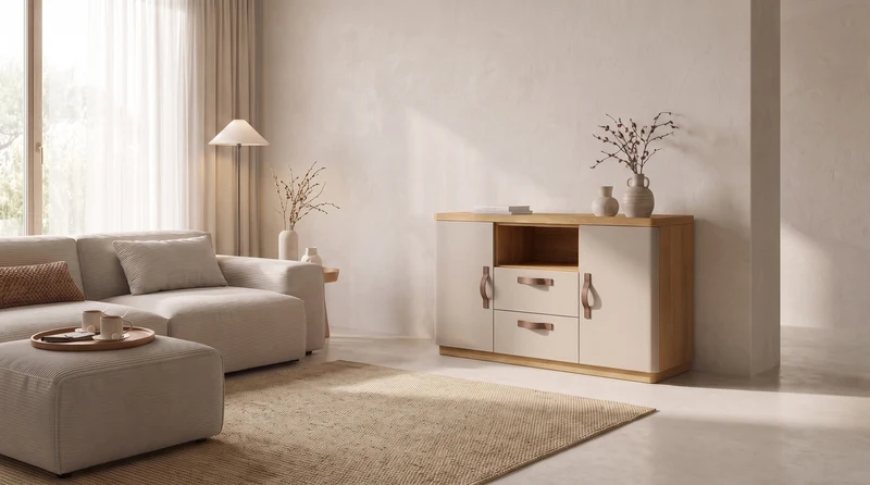 KAWOLA Sideboard FLORIANA 2 Türen 2 Schubladen Eiche natur / weiß