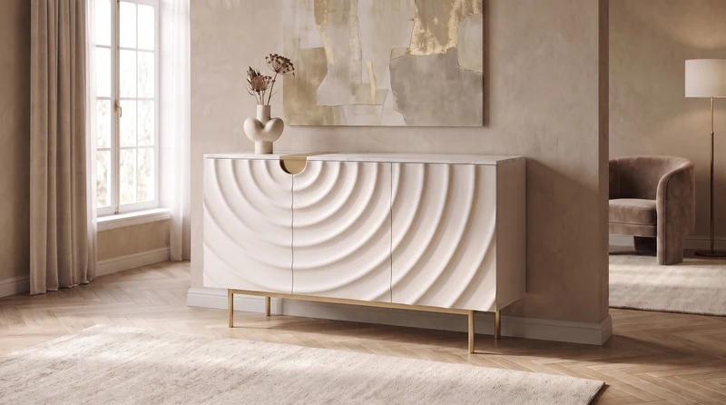 KAWOLA Sideboard FREEDA 3 Türen Wellen-Relief weiß