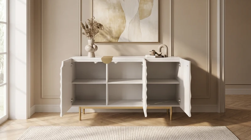 KAWOLA Sideboard FREEDA 3 Türen Wellen-Relief weiß
