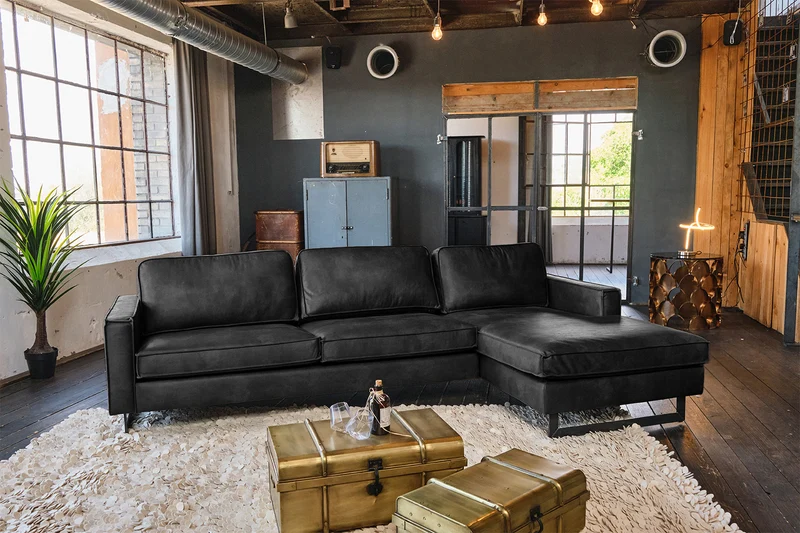 KAWOLA Ecksofa VILNIUS 3-Sitzer mit Longchair Lederfaserstoff schwarz