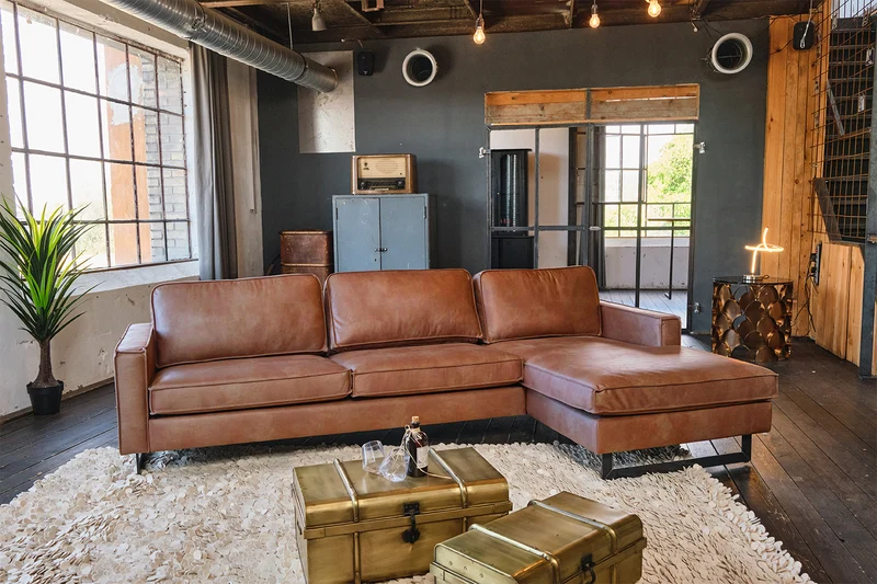 KAWOLA Ecksofa VILNIUS 3-Sitzer mit Longchair Lederfaserstoff cognac