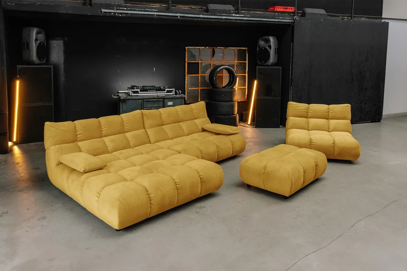 KAWOLA Sitzgruppe VIVIEN Ecksofa Drehsessel Hockerbank Velvet curry