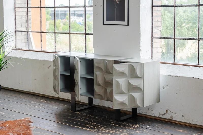 KAWOLA Sideboard MARGO 4 Türen Ulme furniert grau Fuß Edelstahl gebürstet