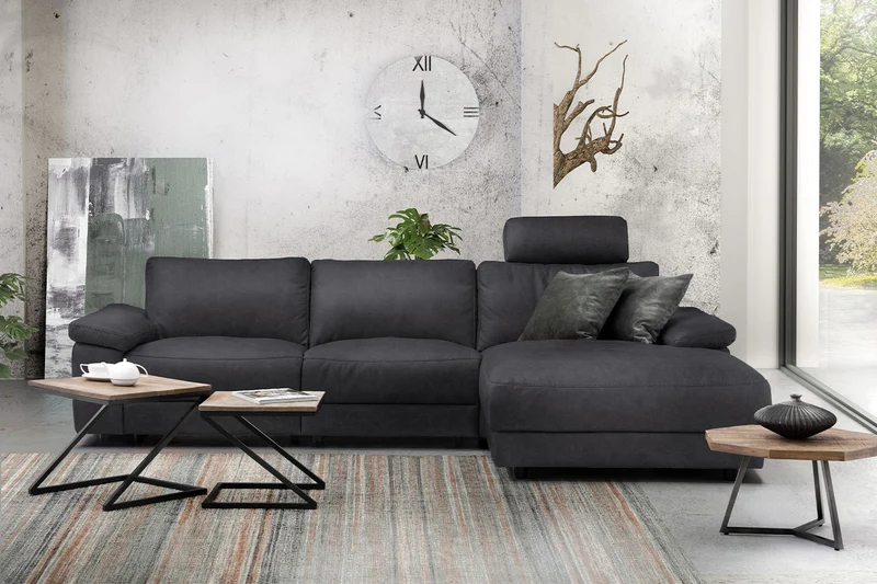 KAWOLA Sofa LOLA Ecksofa Stoff schwarz mit motorischer Relaxfunktion