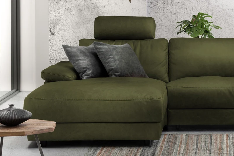 KAWOLA Sofa LOLA Ecksofa Stoff moosgrün mit motorischer Relaxfunktion
