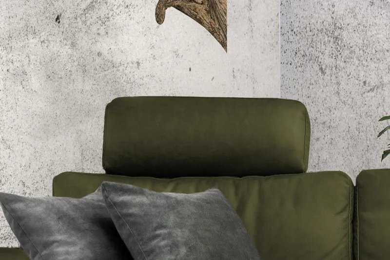 KAWOLA Sofa LOLA Ecksofa Stoff moosgrün mit motorischer Relaxfunktion