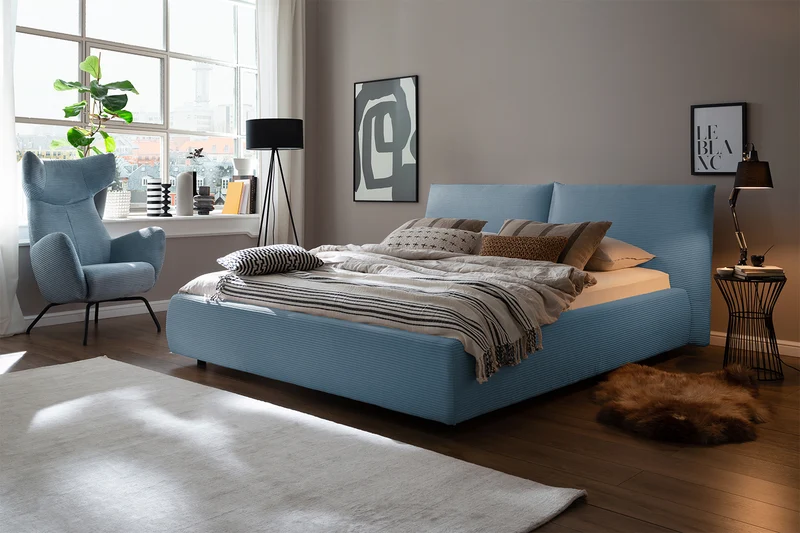 KAWOLA Bett HENRY Polsterbett Cord hellblau