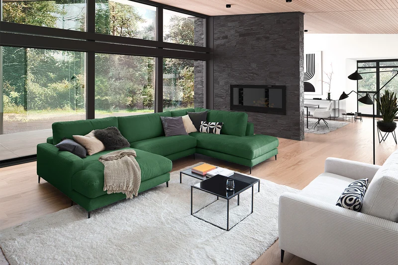 KAWOLA Sofa CARA Wohnlandschaft U-Form Cord smaragd