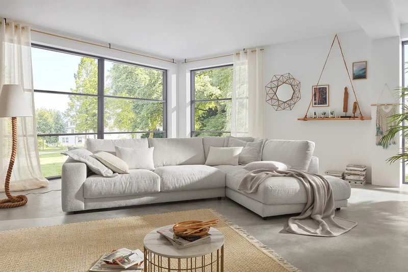 KAWOLA Sofa MADELINE Ecksofa mit Recamiere Cord hellgrau