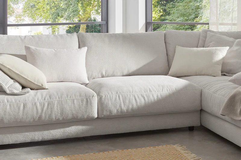 KAWOLA Sofa MADELINE Ecksofa mit Recamiere Cord hellgrau