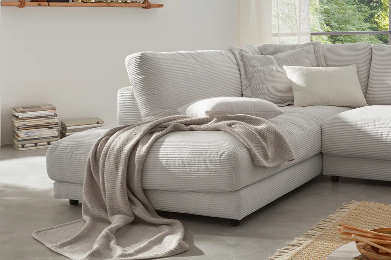 KAWOLA Sofa MADELINE Ecksofa mit Recamiere Cord hellgrau