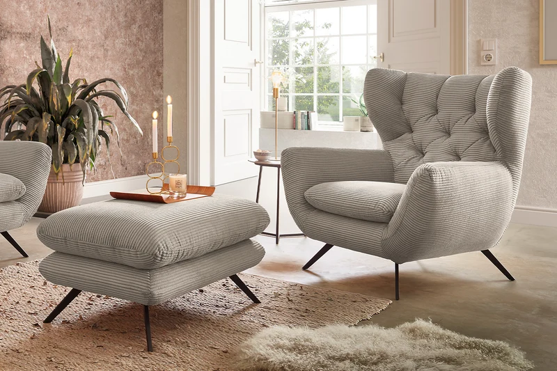 KAWOLA Sessel CHARME Hochlehnsessel Cord steingrau