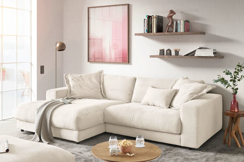 KAWOLA Sofa MADELINE Ecksofa mit Longchair Cord cremeweiß